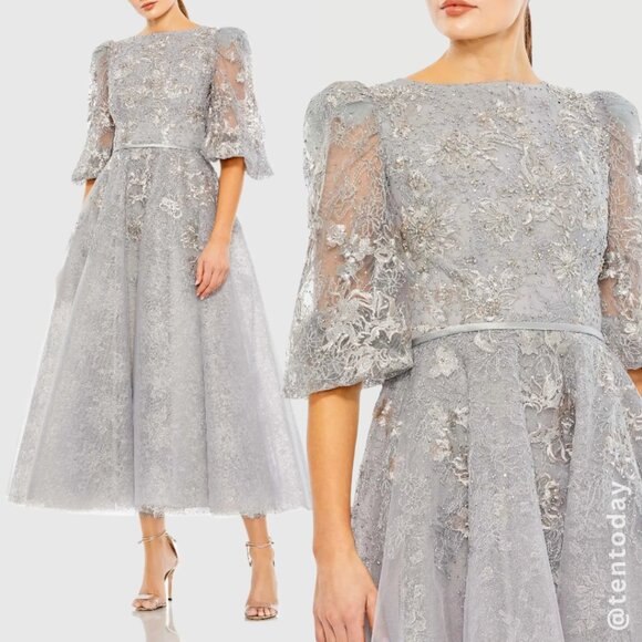 Mac Duggal Size 22 Silver Gray High Neck Puff Sleeve Floral Midi Tea Dress Gown - Picture 1 of 6